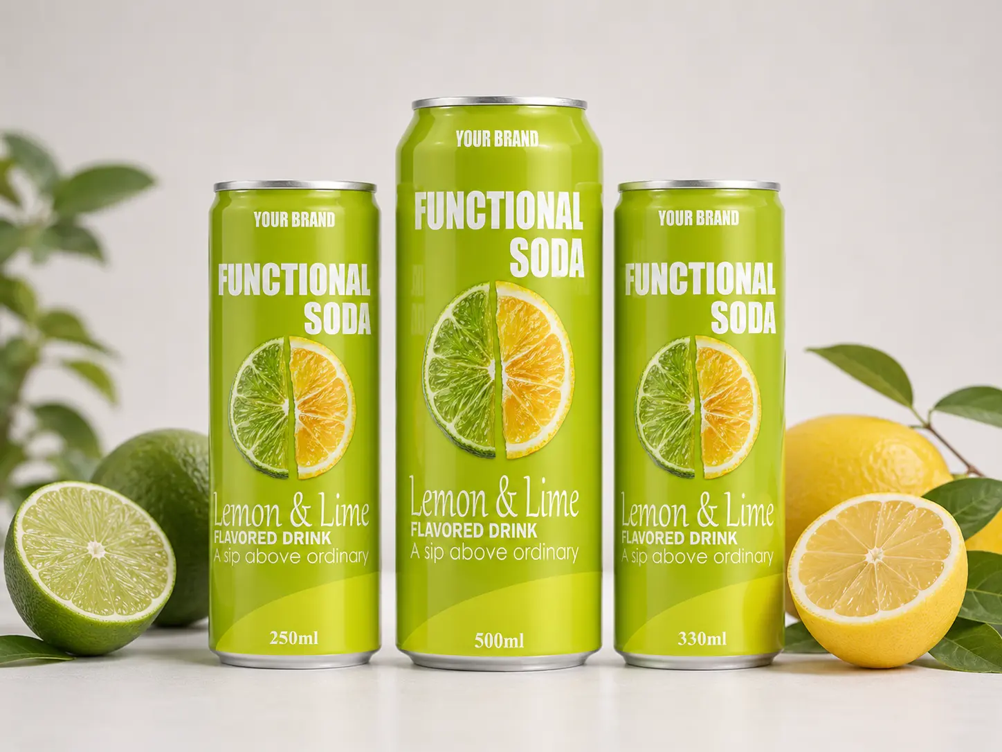 FUNCTIONAL SODA Lemon and Lime Flavored Drink in 250ml, 330ml, and 500ml cans with lemons and limes around the display.